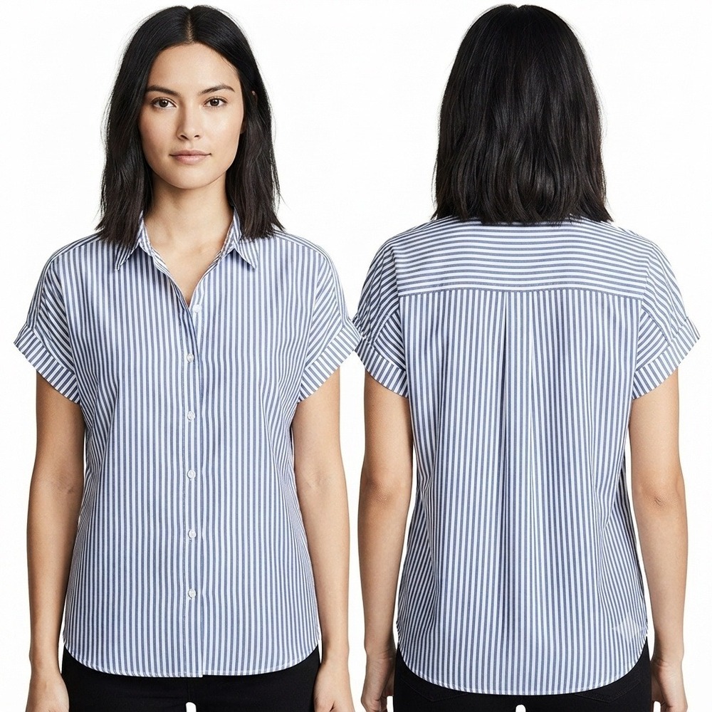 Beachlunchlounge Blouse Womans‎ XL Blue White Striped Button Cap Sleeve Rayon